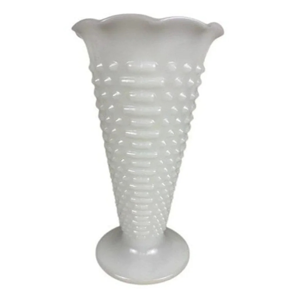 Vintage Anchor Hocking Milk Dot Dash Glass Hobnail Scalloped Trumpet Vase Footed